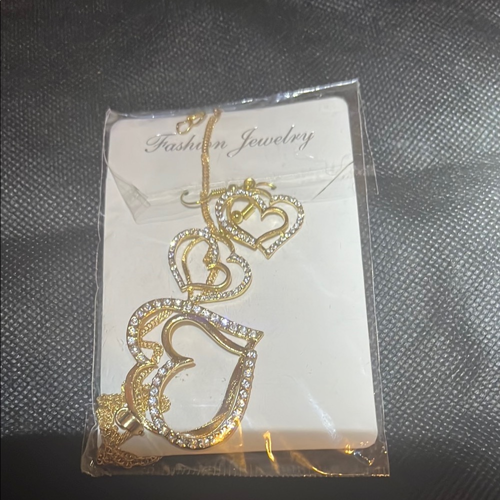 Gold Heart Pendant Necklace and Earrings Set